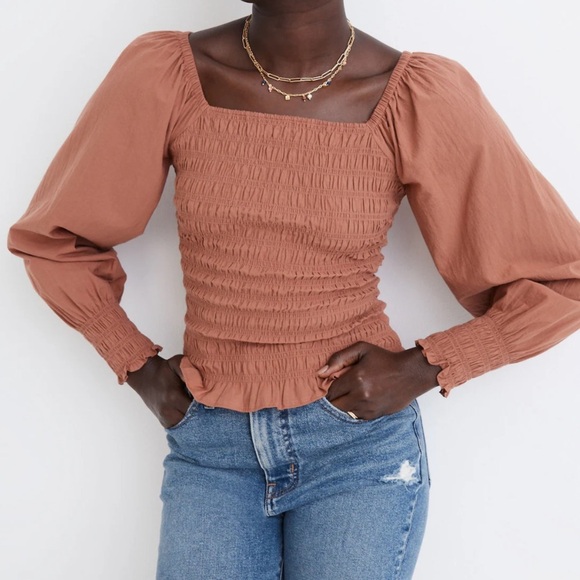 Madewell women's M Lucie bubble-sleeves Smocked poplin top boho neutral cottage - Picture 1 of 10